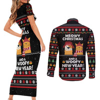 Meowy Christmas Woofy New Year Couples Matching Short Sleeve Bodycon Dress and Long Sleeve Button Shirt with Cat and Dog in Winter Hats and Festive Pattern Design - Wonder Print Shop