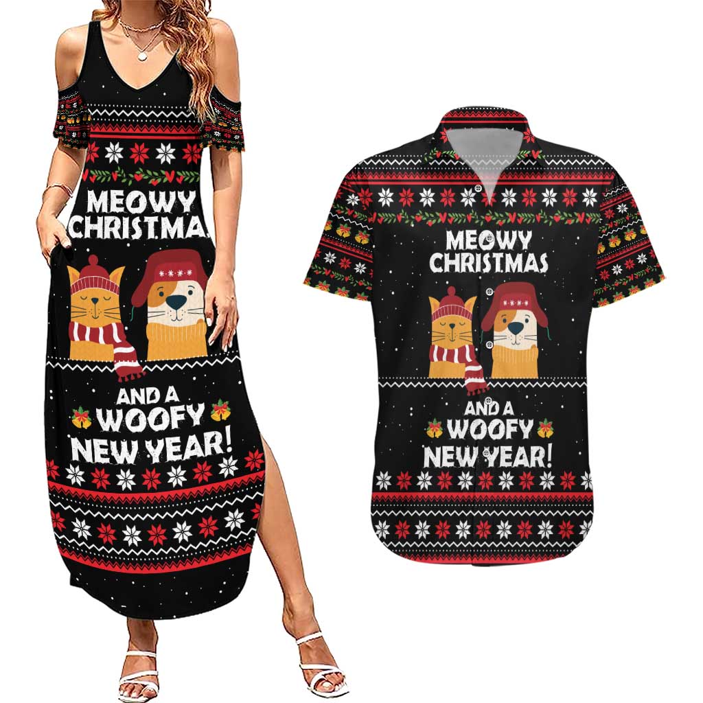 Meowy Christmas Woofy New Year Couples Matching Summer Maxi Dress and Hawaiian Shirt with Cat and Dog in Winter Hats and Festive Pattern Design - Wonder Print Shop