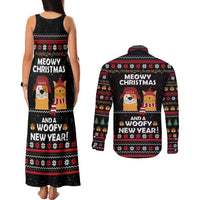 Meowy Christmas Woofy New Year Couples Matching Tank Maxi Dress and Long Sleeve Button Shirt with Cat and Dog in Winter Hats and Festive Pattern Design - Wonder Print Shop