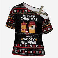 Meowy Christmas Woofy New Year Cross Shoulder Shirt with Cat and Dog in Winter Hats and Festive Pattern Design - Wonder Print Shop