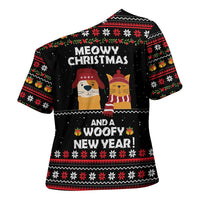 Meowy Christmas Woofy New Year Cross Shoulder Shirt with Cat and Dog in Winter Hats and Festive Pattern Design - Wonder Print Shop