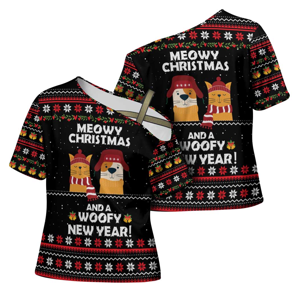 Meowy Christmas Woofy New Year Cross Shoulder Shirt with Cat and Dog in Winter Hats and Festive Pattern Design - Wonder Print Shop