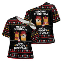Meowy Christmas Woofy New Year Cross Shoulder Shirt with Cat and Dog in Winter Hats and Festive Pattern Design - Wonder Print Shop