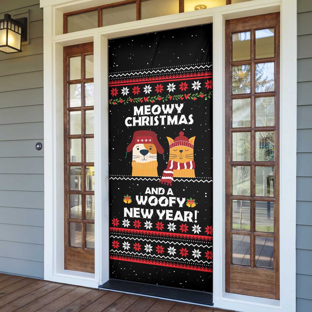 Meowy Christmas Woofy New Year Door Cover with Cat and Dog in Winter Hats and Festive Pattern Design - Wonder Print Shop