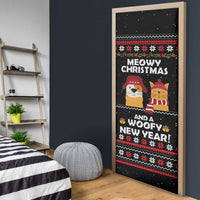 Meowy Christmas Woofy New Year Door Cover with Cat and Dog in Winter Hats and Festive Pattern Design - Wonder Print Shop