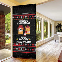 Meowy Christmas Woofy New Year Door Cover with Cat and Dog in Winter Hats and Festive Pattern Design - Wonder Print Shop