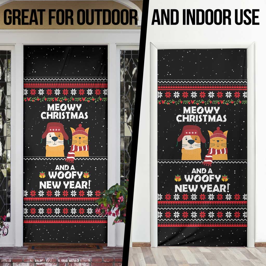 Meowy Christmas Woofy New Year Door Cover with Cat and Dog in Winter Hats and Festive Pattern Design - Wonder Print Shop