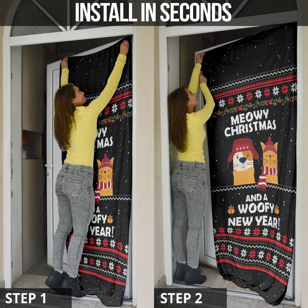 Meowy Christmas Woofy New Year Door Cover with Cat and Dog in Winter Hats and Festive Pattern Design - Wonder Print Shop