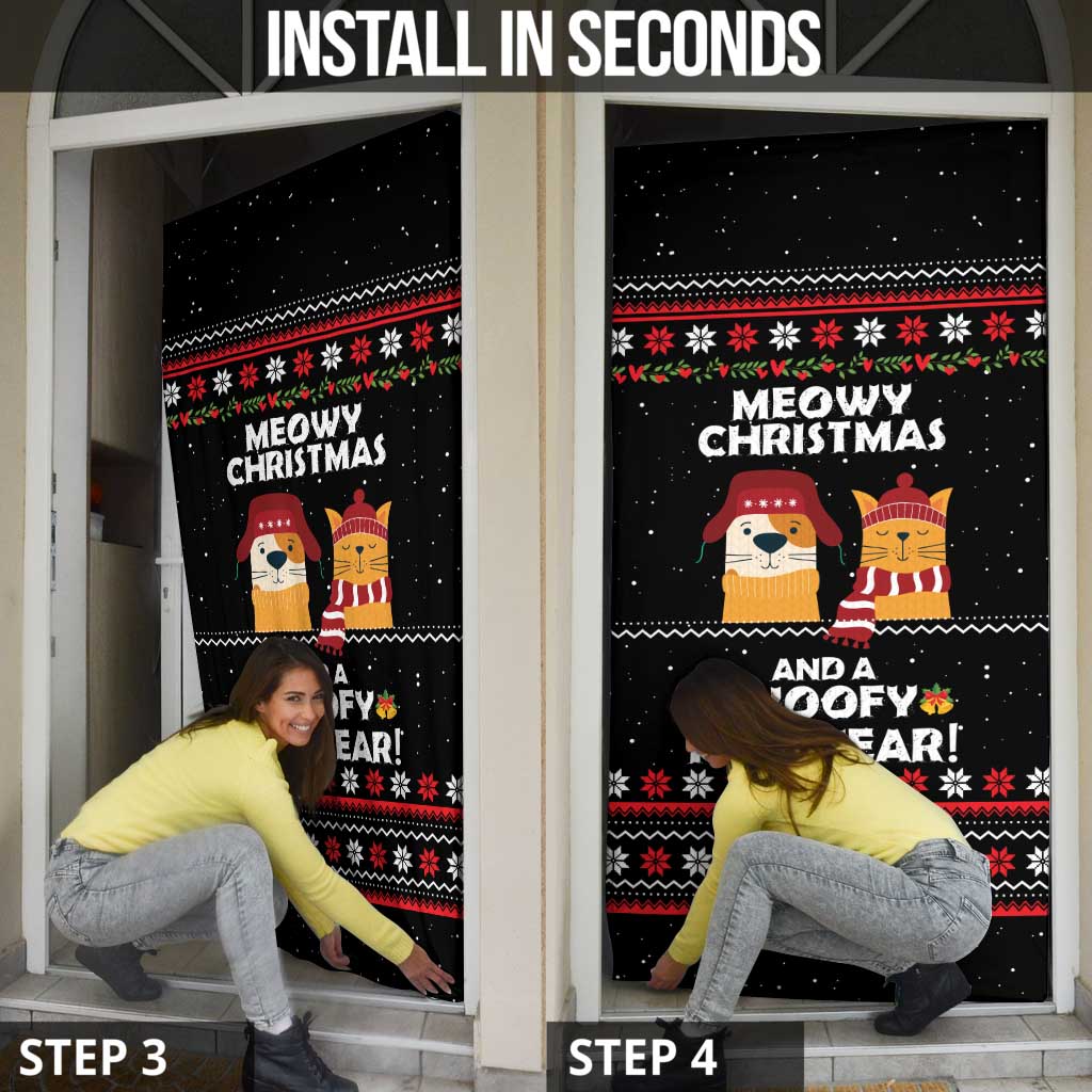 Meowy Christmas Woofy New Year Door Cover with Cat and Dog in Winter Hats and Festive Pattern Design - Wonder Print Shop