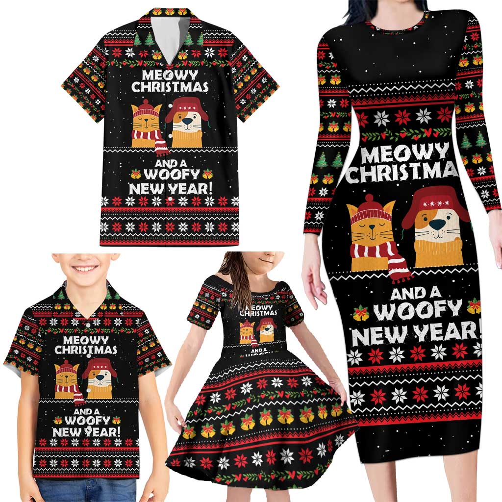 Meowy Christmas Woofy New Year Family Matching Long Sleeve Bodycon Dress and Hawaiian Shirt with Cat and Dog in Winter Hats and Festive Pattern Design - Wonder Print Shop