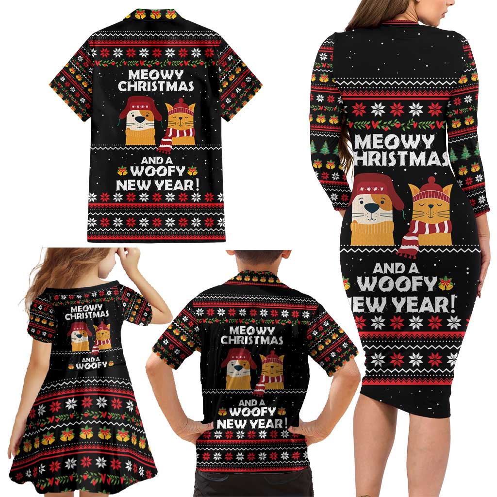 Meowy Christmas Woofy New Year Family Matching Long Sleeve Bodycon Dress and Hawaiian Shirt with Cat and Dog in Winter Hats and Festive Pattern Design - Wonder Print Shop