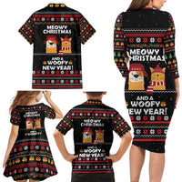 Meowy Christmas Woofy New Year Family Matching Long Sleeve Bodycon Dress and Hawaiian Shirt with Cat and Dog in Winter Hats and Festive Pattern Design - Wonder Print Shop