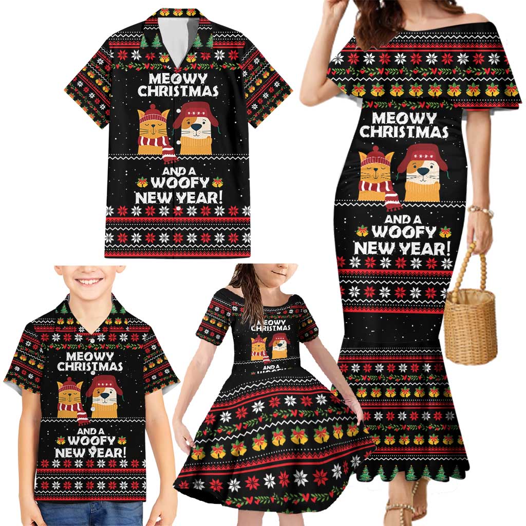 Meowy Christmas Woofy New Year Family Matching Mermaid Dress and Hawaiian Shirt with Cat and Dog in Winter Hats and Festive Pattern Design - Wonder Print Shop