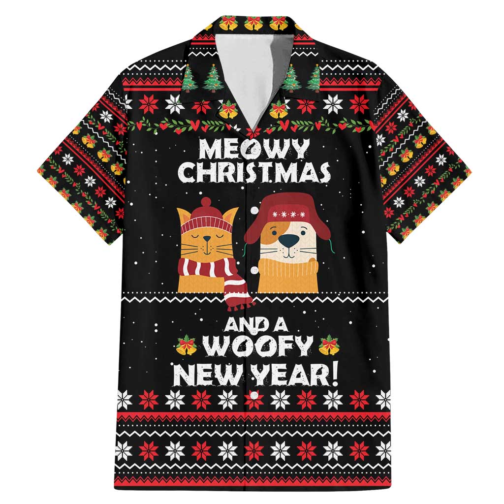 Meowy Christmas Woofy New Year Family Matching Mermaid Dress and Hawaiian Shirt with Cat and Dog in Winter Hats and Festive Pattern Design - Wonder Print Shop