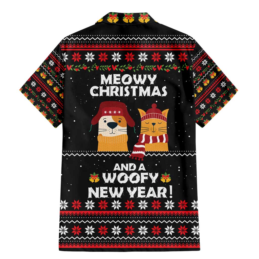 Meowy Christmas Woofy New Year Family Matching Mermaid Dress and Hawaiian Shirt with Cat and Dog in Winter Hats and Festive Pattern Design - Wonder Print Shop