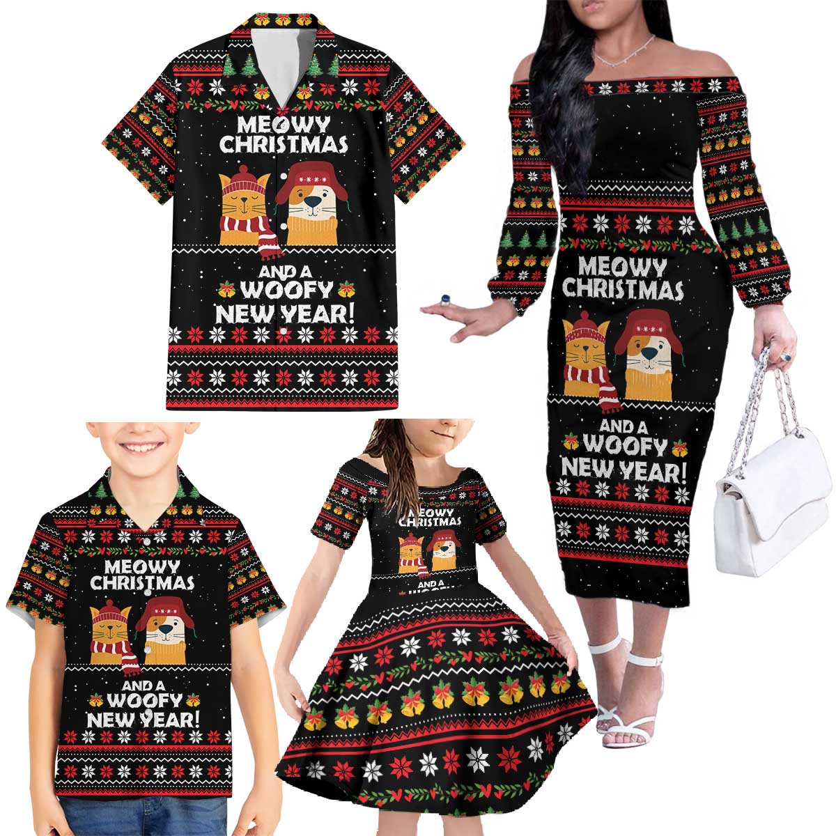 Meowy Christmas Woofy New Year Family Matching Off The Shoulder Long Sleeve Dress and Hawaiian Shirt with Cat and Dog in Winter Hats and Festive Pattern Design - Wonder Print Shop