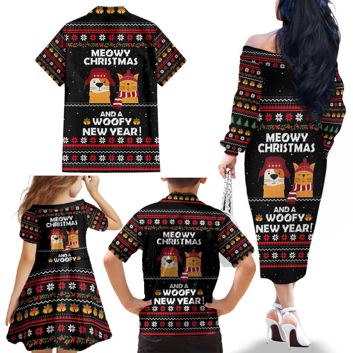 Meowy Christmas Woofy New Year Family Matching Off The Shoulder Long Sleeve Dress and Hawaiian Shirt with Cat and Dog in Winter Hats and Festive Pattern Design - Wonder Print Shop