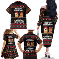 Meowy Christmas Woofy New Year Family Matching Off The Shoulder Long Sleeve Dress and Hawaiian Shirt with Cat and Dog in Winter Hats and Festive Pattern Design - Wonder Print Shop