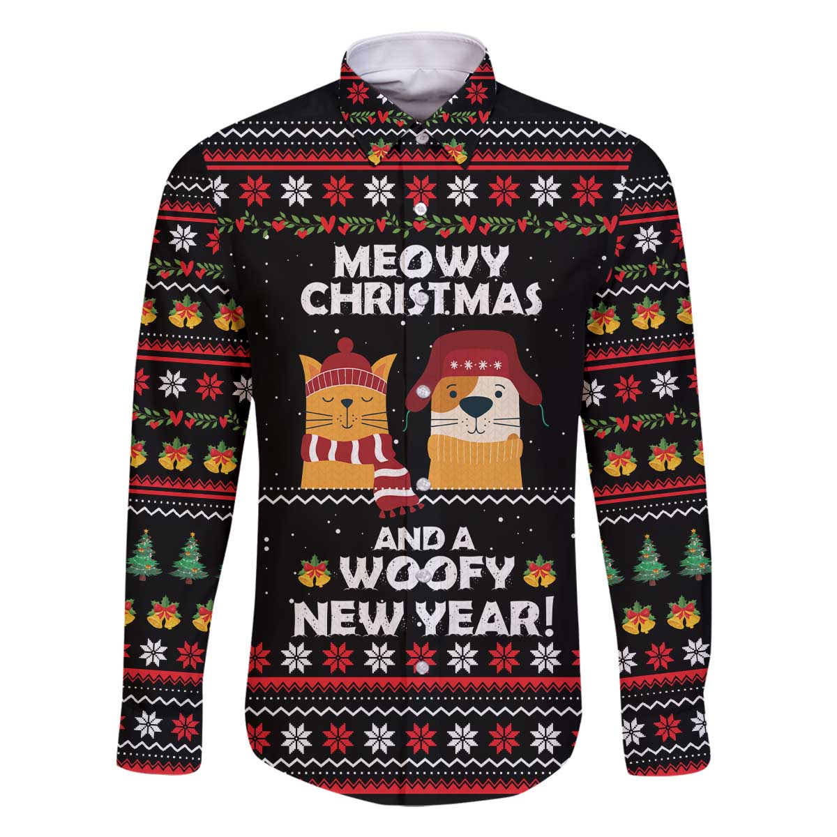 Meowy Christmas Woofy New Year Family Matching Off The Shoulder Long Sleeve Dress and Hawaiian Shirt with Cat and Dog in Winter Hats and Festive Pattern Design - Wonder Print Shop