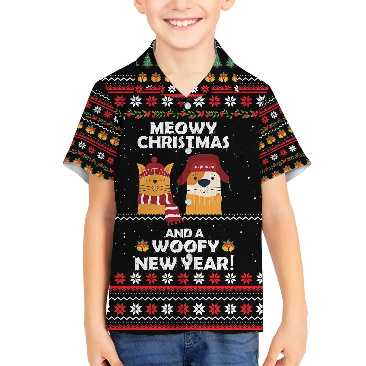 Meowy Christmas Woofy New Year Family Matching Off The Shoulder Long Sleeve Dress and Hawaiian Shirt with Cat and Dog in Winter Hats and Festive Pattern Design - Wonder Print Shop