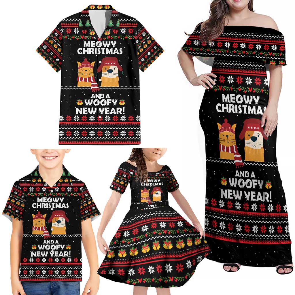 Meowy Christmas Woofy New Year Family Matching Off Shoulder Maxi Dress and Hawaiian Shirt with Cat and Dog in Winter Hats and Festive Pattern Design - Wonder Print Shop