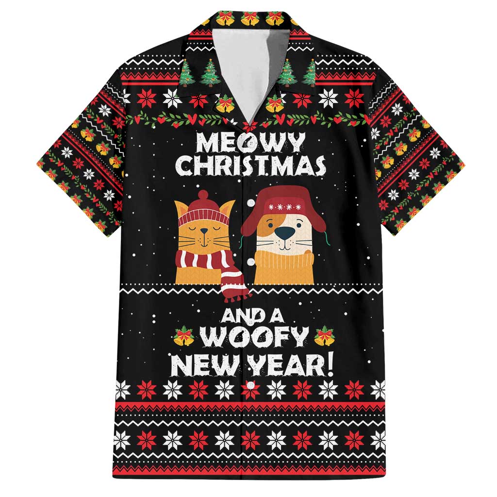 Meowy Christmas Woofy New Year Family Matching Off Shoulder Maxi Dress and Hawaiian Shirt with Cat and Dog in Winter Hats and Festive Pattern Design - Wonder Print Shop