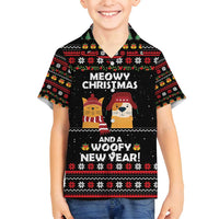 Meowy Christmas Woofy New Year Family Matching Off Shoulder Maxi Dress and Hawaiian Shirt with Cat and Dog in Winter Hats and Festive Pattern Design - Wonder Print Shop