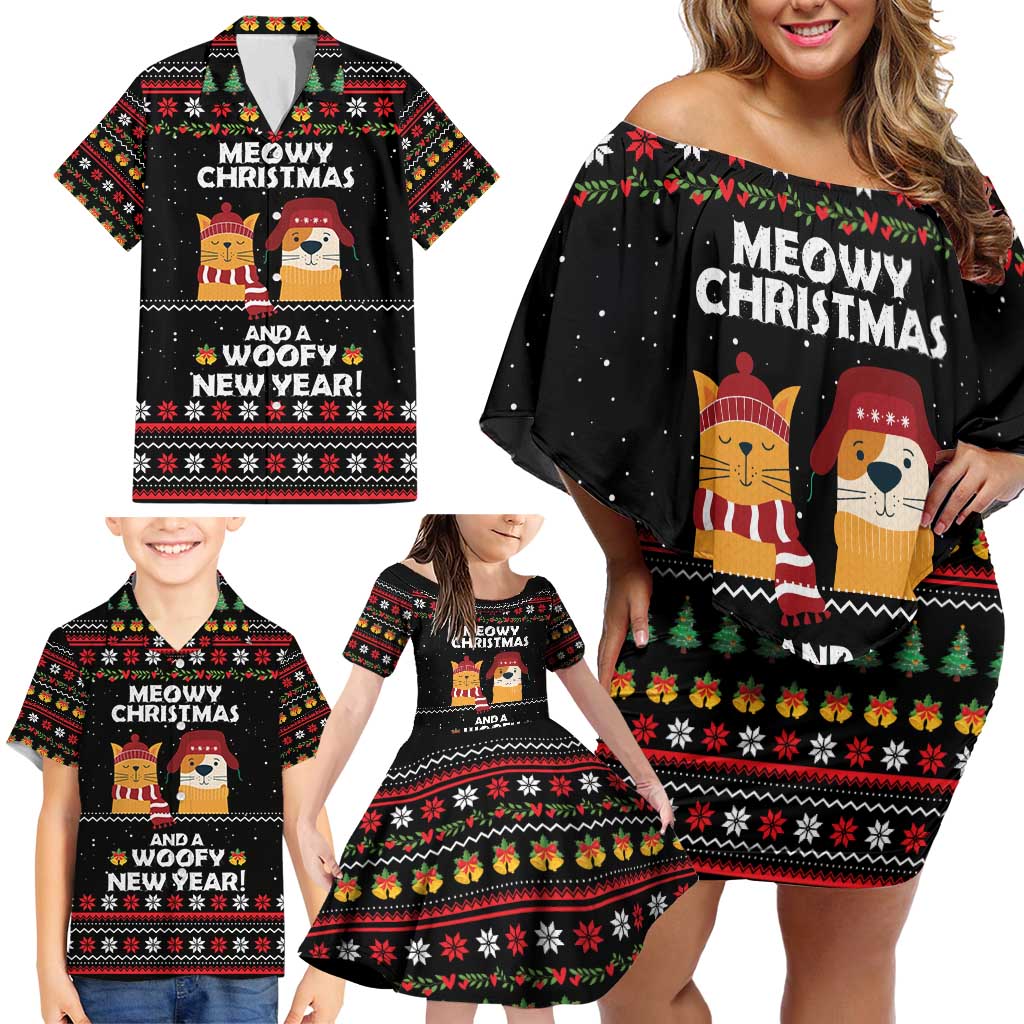 Meowy Christmas Woofy New Year Family Matching Off Shoulder Short Dress and Hawaiian Shirt with Cat and Dog in Winter Hats and Festive Pattern Design - Wonder Print Shop