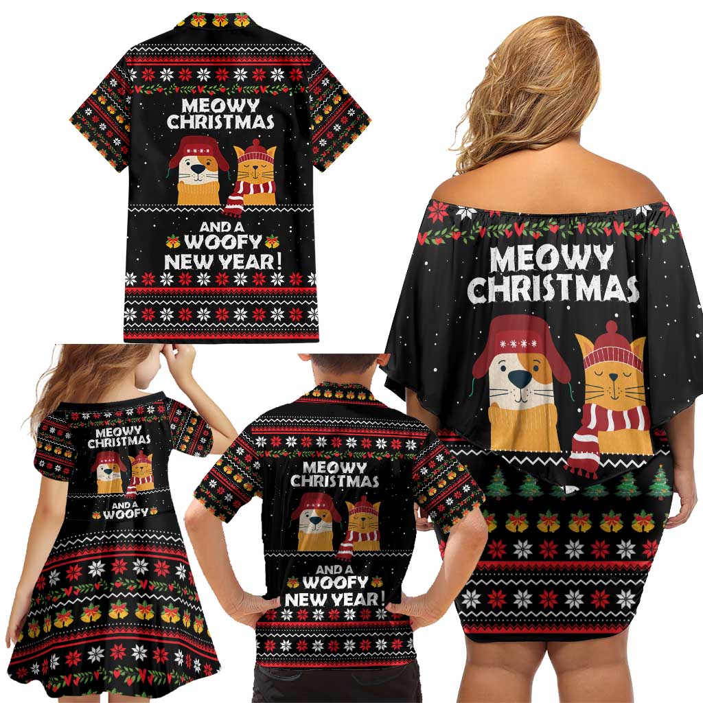 Meowy Christmas Woofy New Year Family Matching Off Shoulder Short Dress and Hawaiian Shirt with Cat and Dog in Winter Hats and Festive Pattern Design - Wonder Print Shop