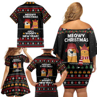 Meowy Christmas Woofy New Year Family Matching Off Shoulder Short Dress and Hawaiian Shirt with Cat and Dog in Winter Hats and Festive Pattern Design - Wonder Print Shop