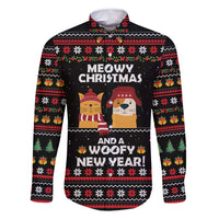 Meowy Christmas Woofy New Year Family Matching Off Shoulder Short Dress and Hawaiian Shirt with Cat and Dog in Winter Hats and Festive Pattern Design - Wonder Print Shop