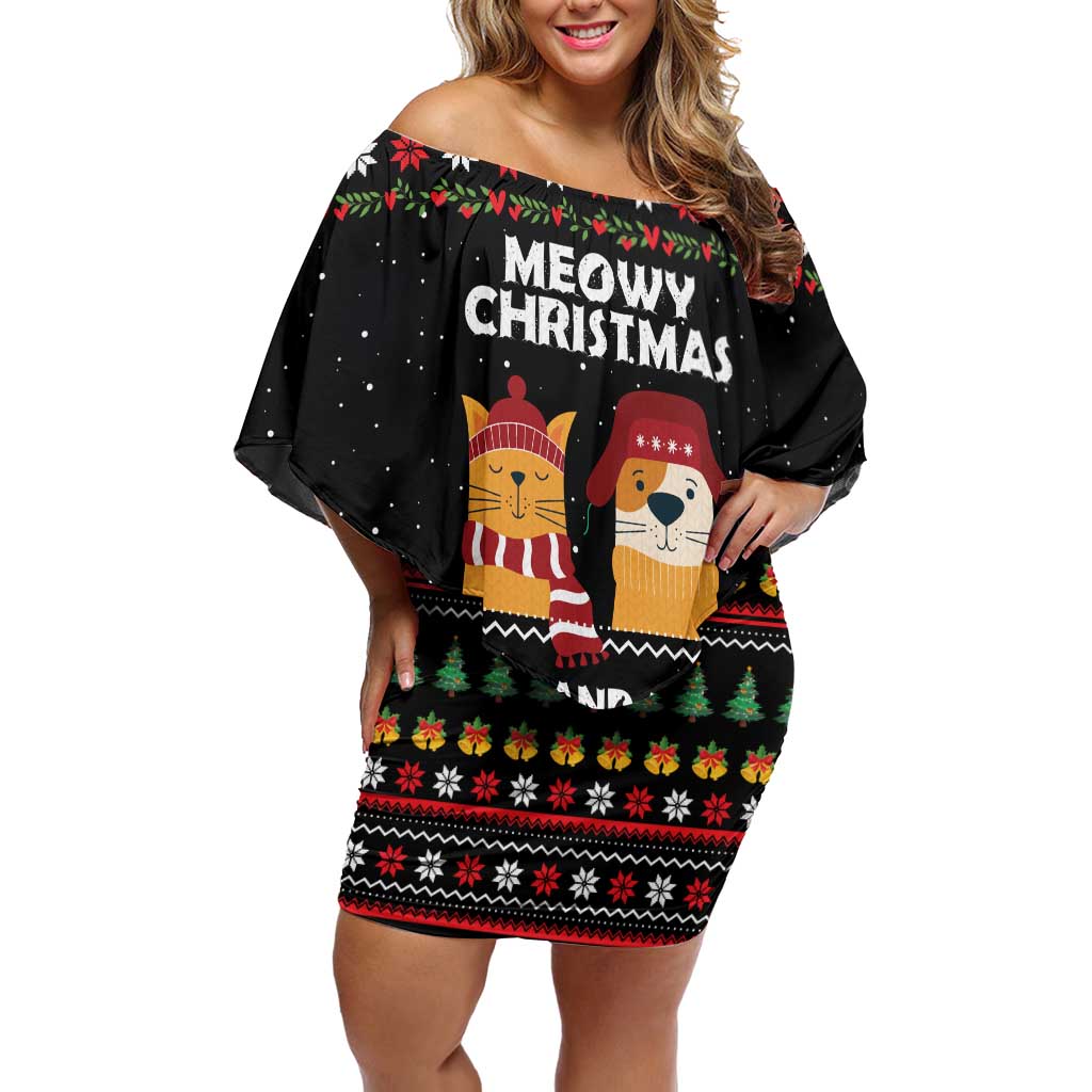 Meowy Christmas Woofy New Year Family Matching Off Shoulder Short Dress and Hawaiian Shirt with Cat and Dog in Winter Hats and Festive Pattern Design - Wonder Print Shop