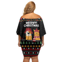 Meowy Christmas Woofy New Year Family Matching Off Shoulder Short Dress and Hawaiian Shirt with Cat and Dog in Winter Hats and Festive Pattern Design - Wonder Print Shop