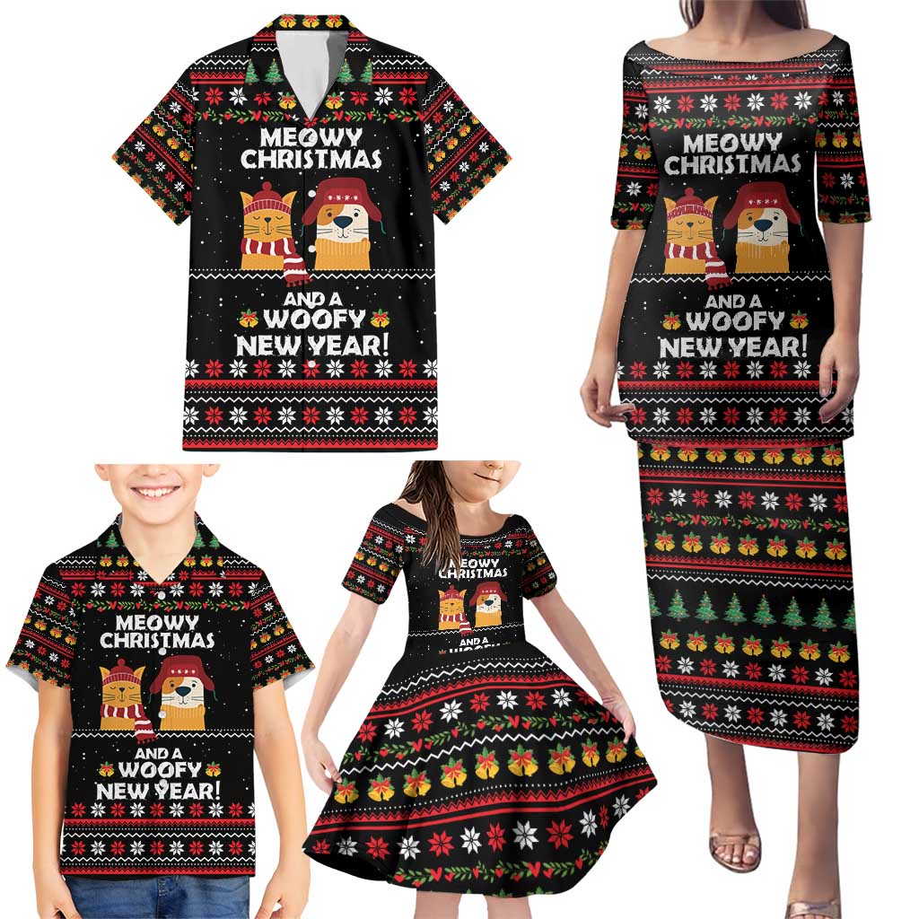 Meowy Christmas Woofy New Year Family Matching Puletasi and Hawaiian Shirt with Cat and Dog in Winter Hats and Festive Pattern Design - Wonder Print Shop