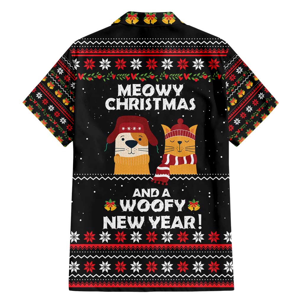 Meowy Christmas Woofy New Year Family Matching Puletasi and Hawaiian Shirt with Cat and Dog in Winter Hats and Festive Pattern Design - Wonder Print Shop