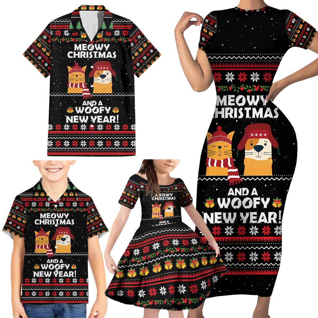 Meowy Christmas Woofy New Year Family Matching Short Sleeve Bodycon Dress and Hawaiian Shirt with Cat and Dog in Winter Hats and Festive Pattern Design - Wonder Print Shop