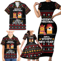 Meowy Christmas Woofy New Year Family Matching Short Sleeve Bodycon Dress and Hawaiian Shirt with Cat and Dog in Winter Hats and Festive Pattern Design - Wonder Print Shop