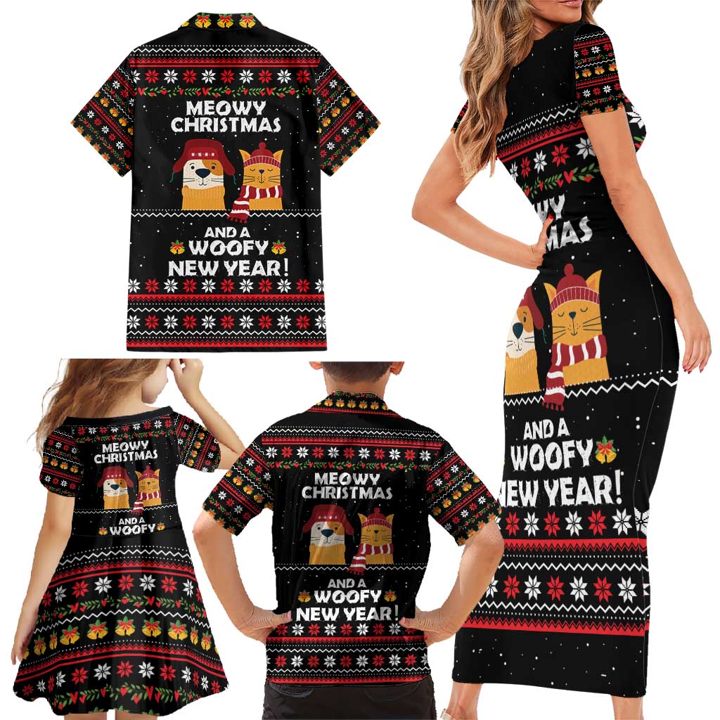 Meowy Christmas Woofy New Year Family Matching Short Sleeve Bodycon Dress and Hawaiian Shirt with Cat and Dog in Winter Hats and Festive Pattern Design - Wonder Print Shop