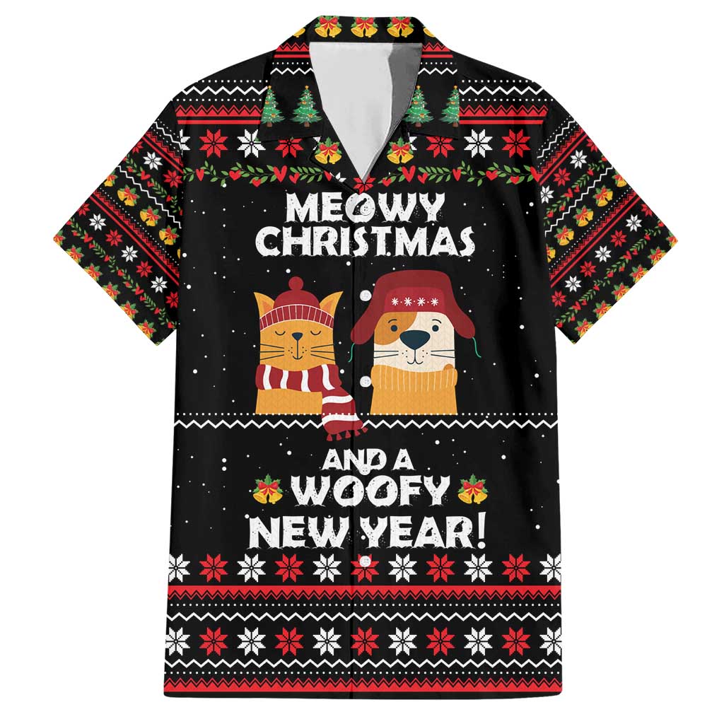 Meowy Christmas Woofy New Year Family Matching Short Sleeve Bodycon Dress and Hawaiian Shirt with Cat and Dog in Winter Hats and Festive Pattern Design - Wonder Print Shop