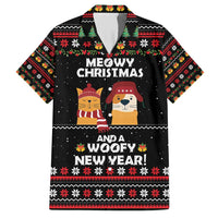 Meowy Christmas Woofy New Year Family Matching Short Sleeve Bodycon Dress and Hawaiian Shirt with Cat and Dog in Winter Hats and Festive Pattern Design - Wonder Print Shop