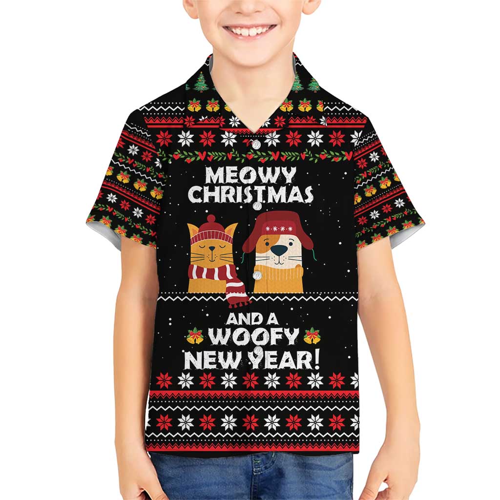Meowy Christmas Woofy New Year Family Matching Short Sleeve Bodycon Dress and Hawaiian Shirt with Cat and Dog in Winter Hats and Festive Pattern Design - Wonder Print Shop