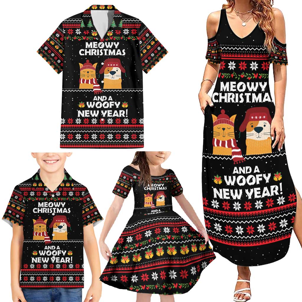 Meowy Christmas Woofy New Year Family Matching Summer Maxi Dress and Hawaiian Shirt with Cat and Dog in Winter Hats and Festive Pattern Design - Wonder Print Shop