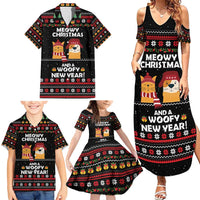 Meowy Christmas Woofy New Year Family Matching Summer Maxi Dress and Hawaiian Shirt with Cat and Dog in Winter Hats and Festive Pattern Design - Wonder Print Shop