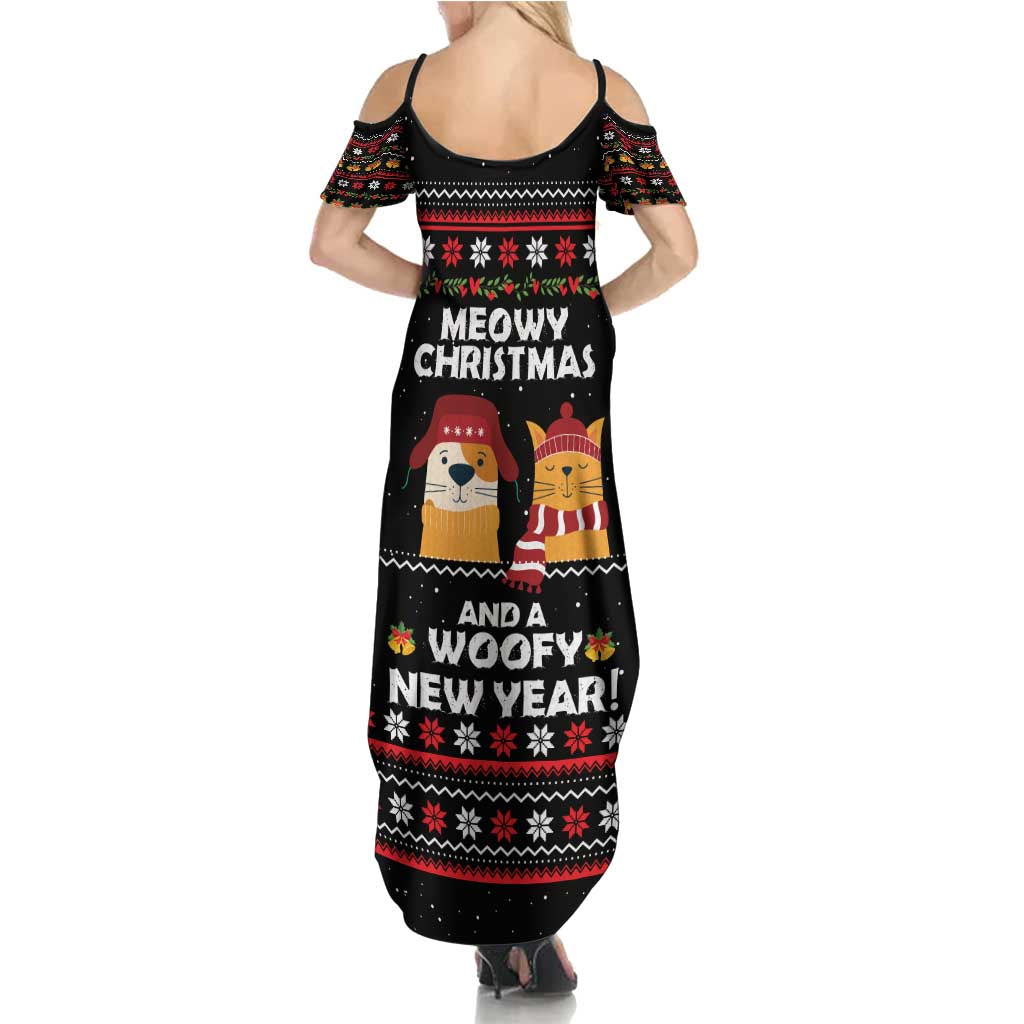 Meowy Christmas Woofy New Year Family Matching Summer Maxi Dress and Hawaiian Shirt with Cat and Dog in Winter Hats and Festive Pattern Design - Wonder Print Shop