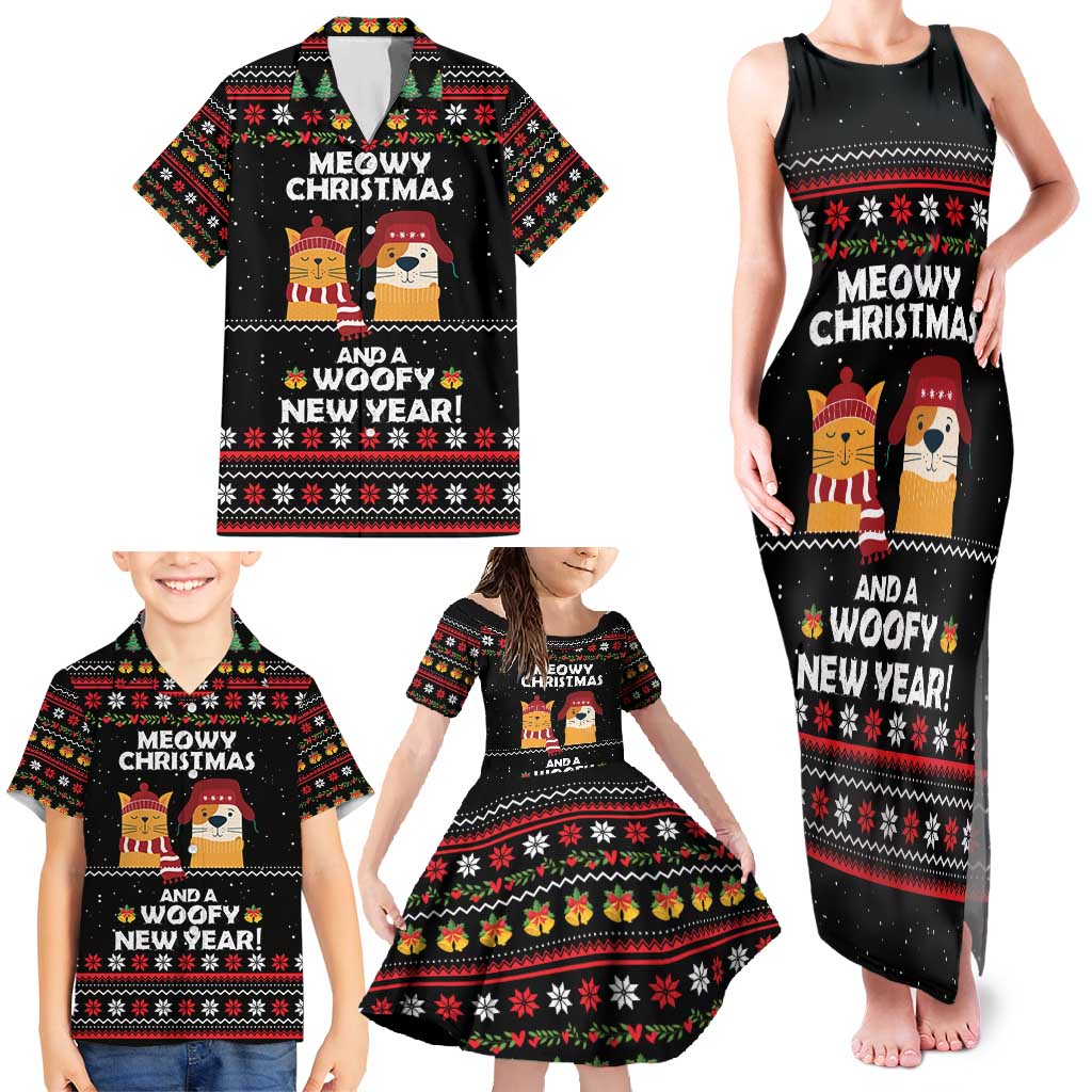 Meowy Christmas Woofy New Year Family Matching Tank Maxi Dress and Hawaiian Shirt with Cat and Dog in Winter Hats and Festive Pattern Design - Wonder Print Shop