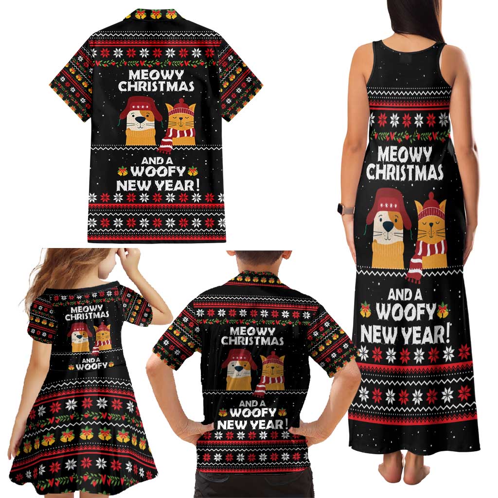 Meowy Christmas Woofy New Year Family Matching Tank Maxi Dress and Hawaiian Shirt with Cat and Dog in Winter Hats and Festive Pattern Design - Wonder Print Shop