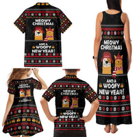 Meowy Christmas Woofy New Year Family Matching Tank Maxi Dress and Hawaiian Shirt with Cat and Dog in Winter Hats and Festive Pattern Design - Wonder Print Shop