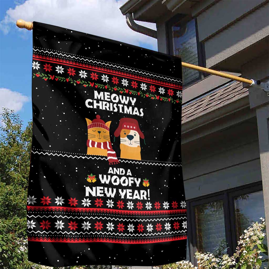 Meowy Christmas Woofy New Year Garden Flag with Cat and Dog in Winter Hats and Festive Pattern Design - Wonder Print Shop