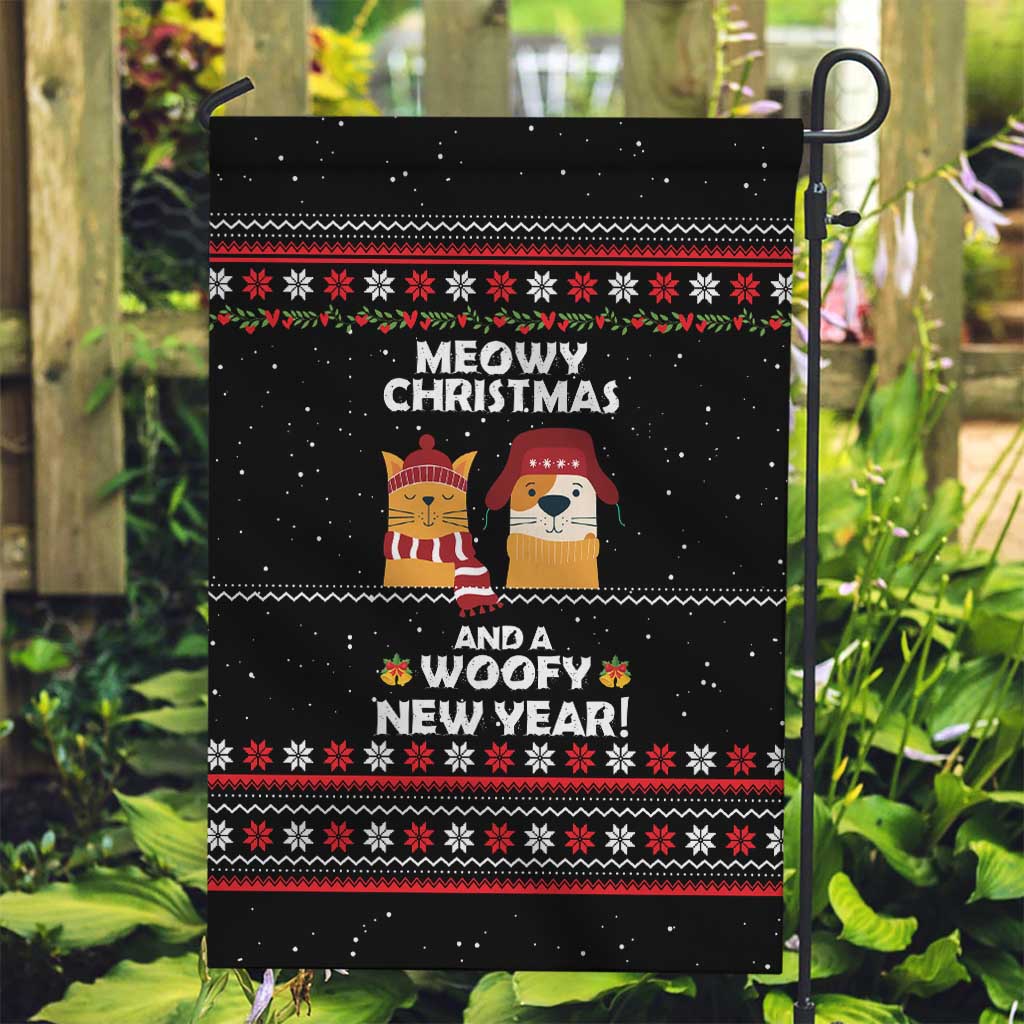 Meowy Christmas Woofy New Year Garden Flag with Cat and Dog in Winter Hats and Festive Pattern Design - Wonder Print Shop