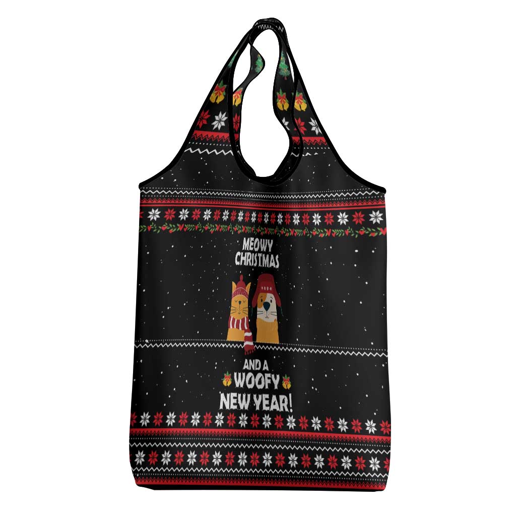Meowy Christmas Woofy New Year Grocery Bag with Cat and Dog in Winter Hats and Festive Pattern Design - Wonder Print Shop
